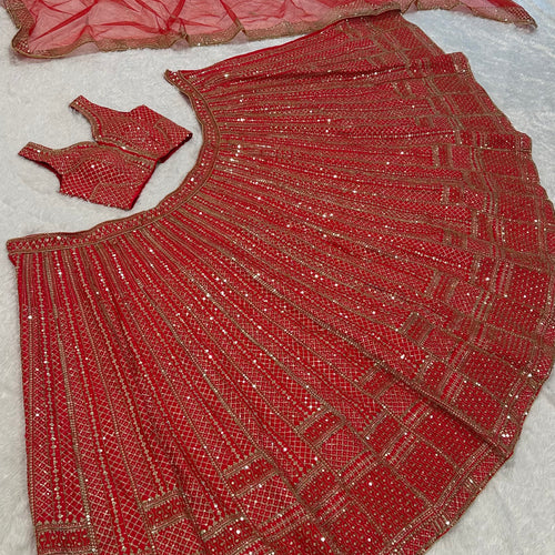 Red Color Heavy Sequence Work Designer Wedding Wear Lehenga
