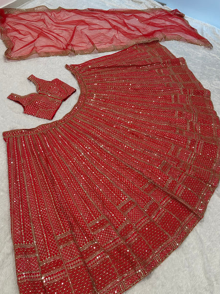 Red Color Heavy Sequence Work Designer Wedding Wear Lehenga