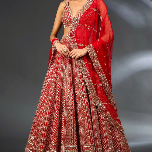 Red Color Heavy Sequence Work Designer Wedding Wear Lehenga