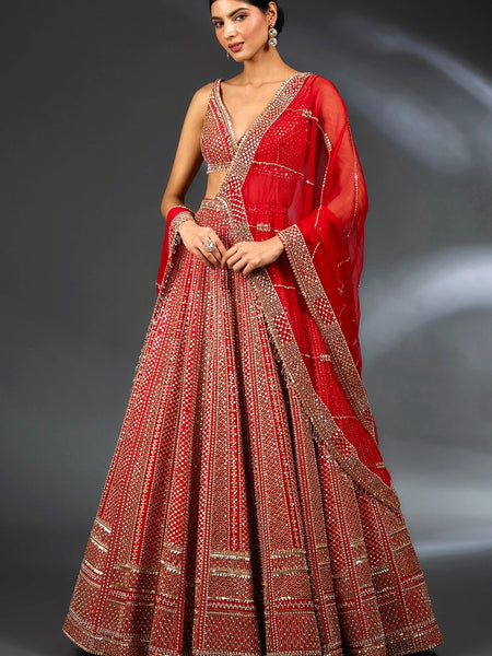 Red Color Heavy Sequence Work Designer Wedding Wear Lehenga