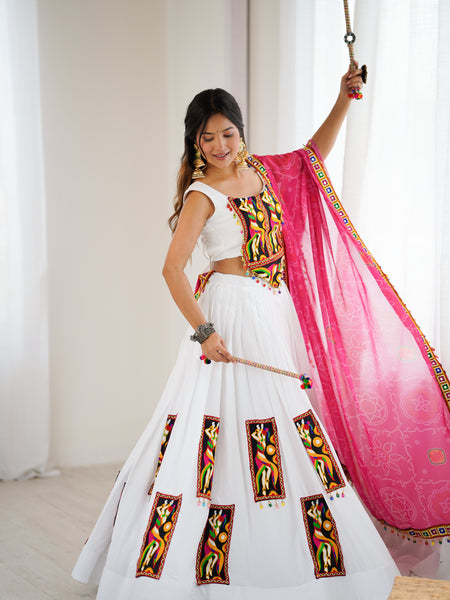 White Color Gamthi Work Rayon Navratri Lehenga Choli