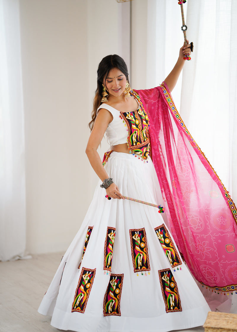 White Color Gamthi Work Rayon Navratri Lehenga Choli