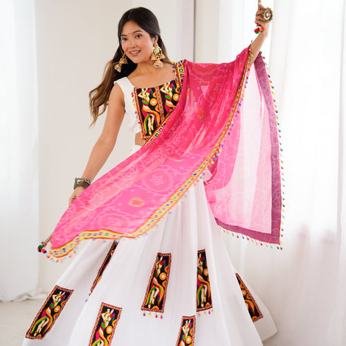 White Color Gamthi Work Rayon Navratri Lehenga Choli