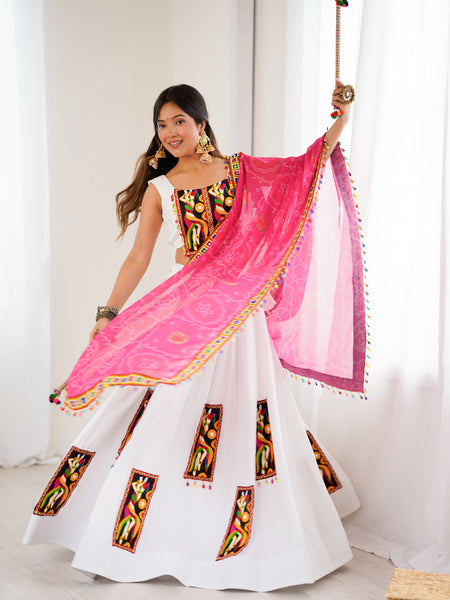 White Color Gamthi Work Rayon Navratri Lehenga Choli