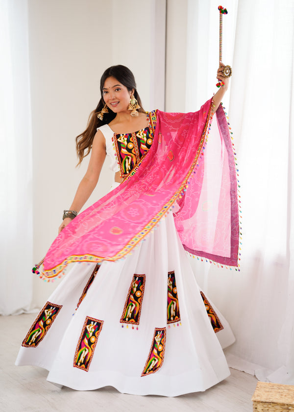 White Color Gamthi Work Rayon Navratri Lehenga Choli