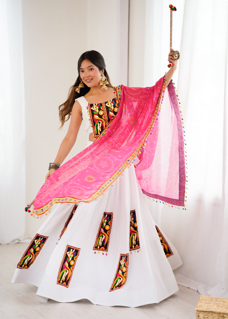 White Color Gamthi Work Rayon Navratri Lehenga Choli