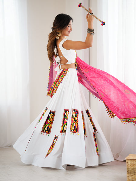 White Color Gamthi Work Rayon Navratri Lehenga Choli