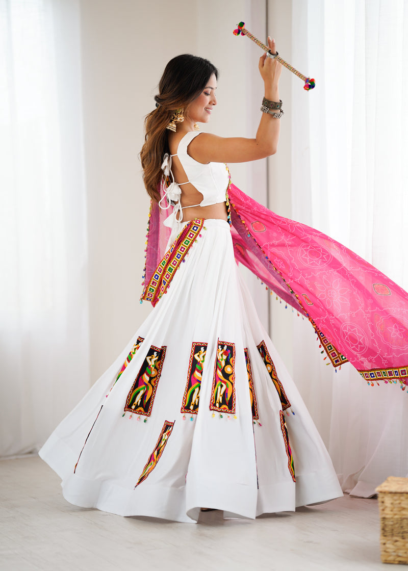 White Color Gamthi Work Rayon Navratri Lehenga Choli