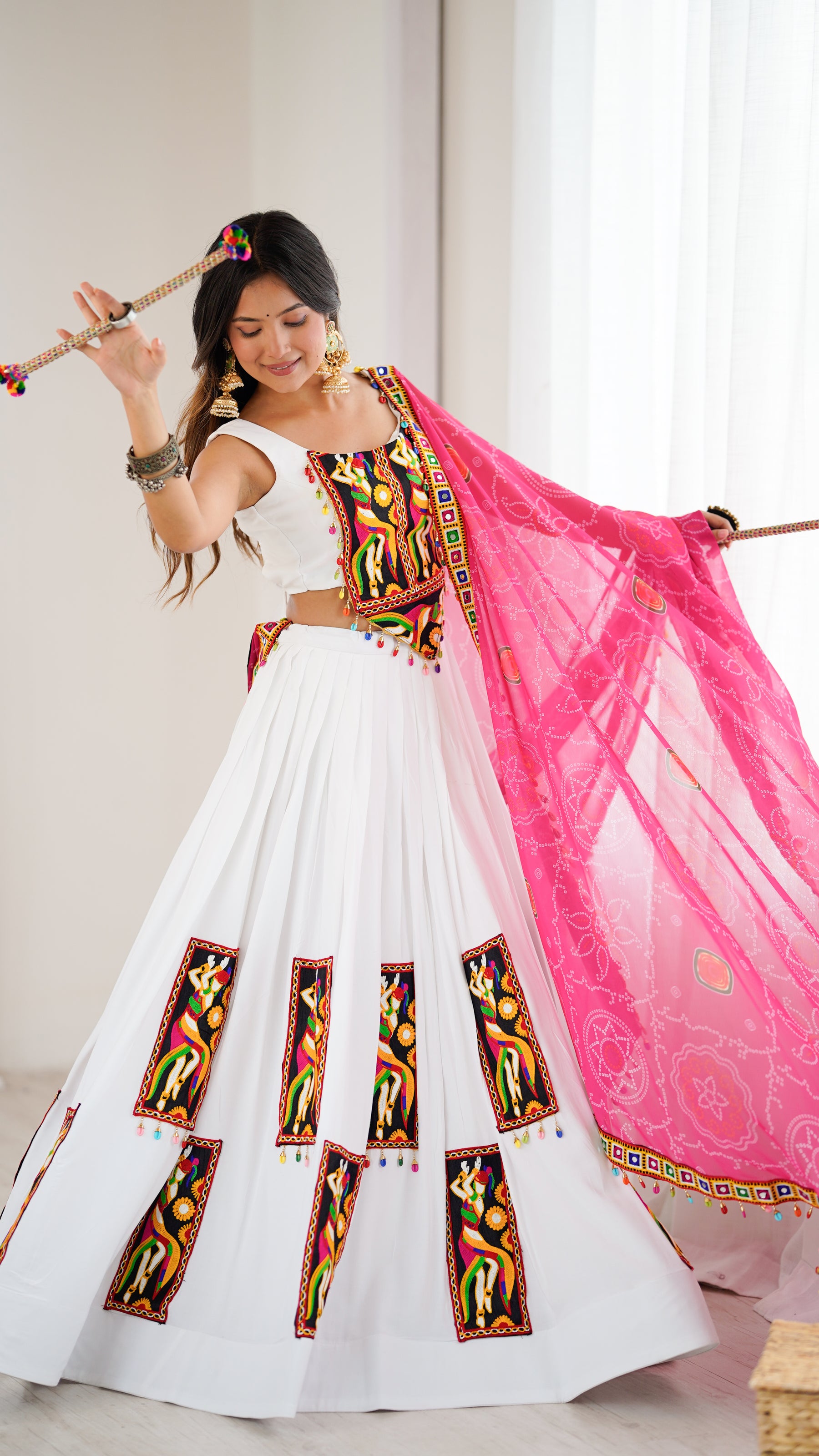 White Color Gamthi Work Rayon Navratri Lehenga Choli