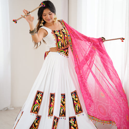 White Color Gamthi Work Rayon Navratri Lehenga Choli