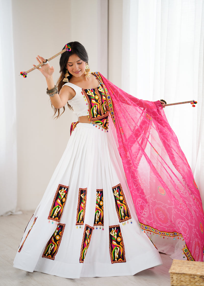 White Color Gamthi Work Rayon Navratri Lehenga Choli