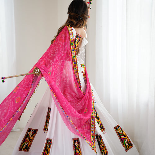 White Color Gamthi Work Rayon Navratri Lehenga Choli