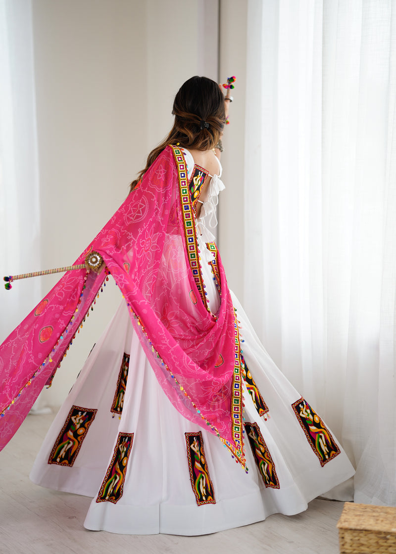 White Color Gamthi Work Rayon Navratri Lehenga Choli
