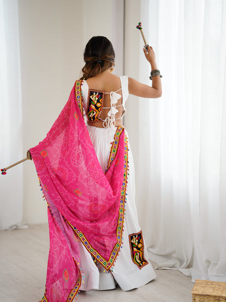 White Color Gamthi Work Rayon Navratri Lehenga Choli