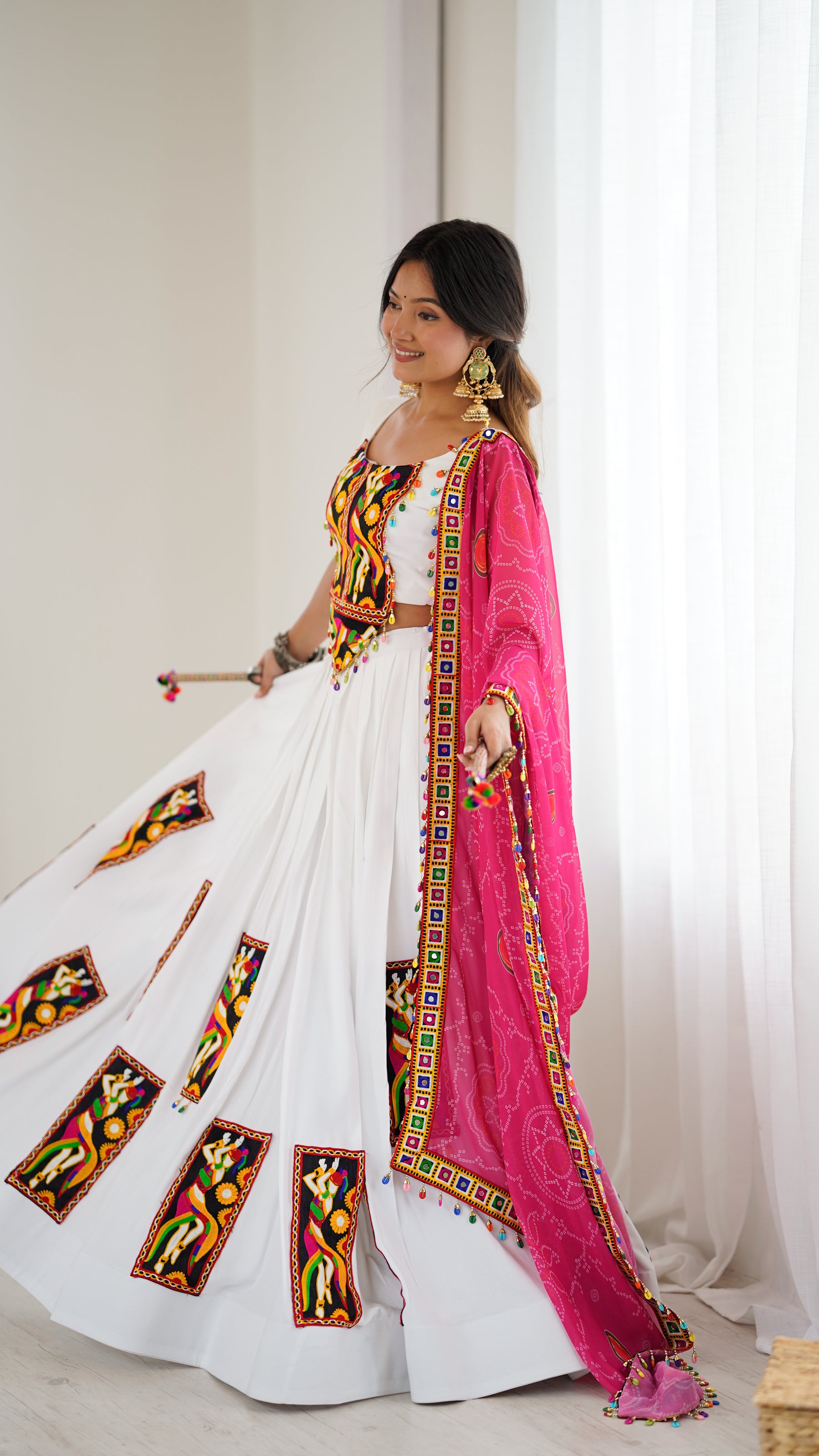 White Color Gamthi Work Rayon Navratri Lehenga Choli