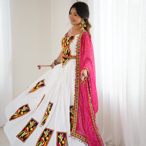 White Color Gamthi Work Rayon Navratri Lehenga Choli