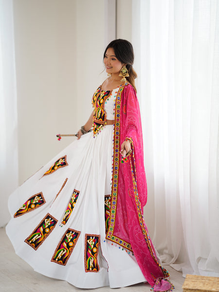 White Color Gamthi Work Rayon Navratri Lehenga Choli