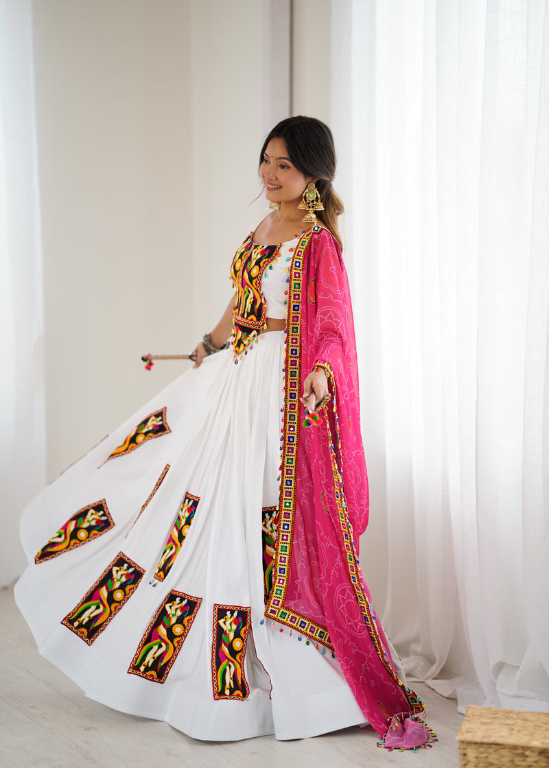 White Color Gamthi Work Rayon Navratri Lehenga Choli