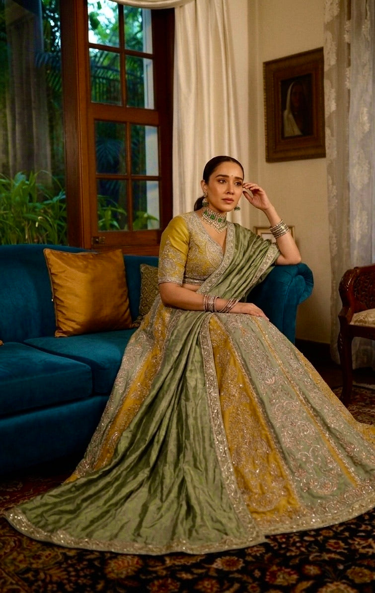 Mustard Yellow & Olive Green Sequins Wedding Lehenga Choli