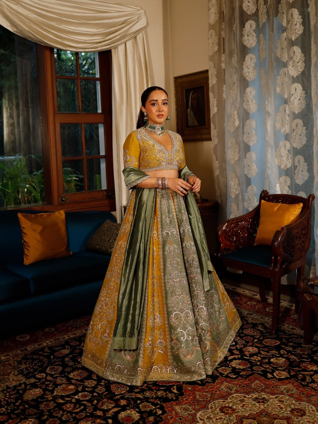 Mustard Yellow & Olive Green Sequins Wedding Lehenga Choli