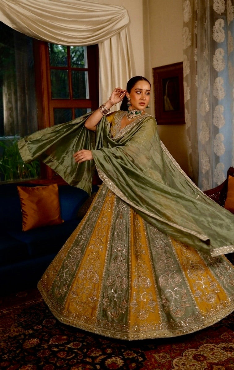 Mustard Yellow & Olive Green Sequins Wedding Lehenga Choli