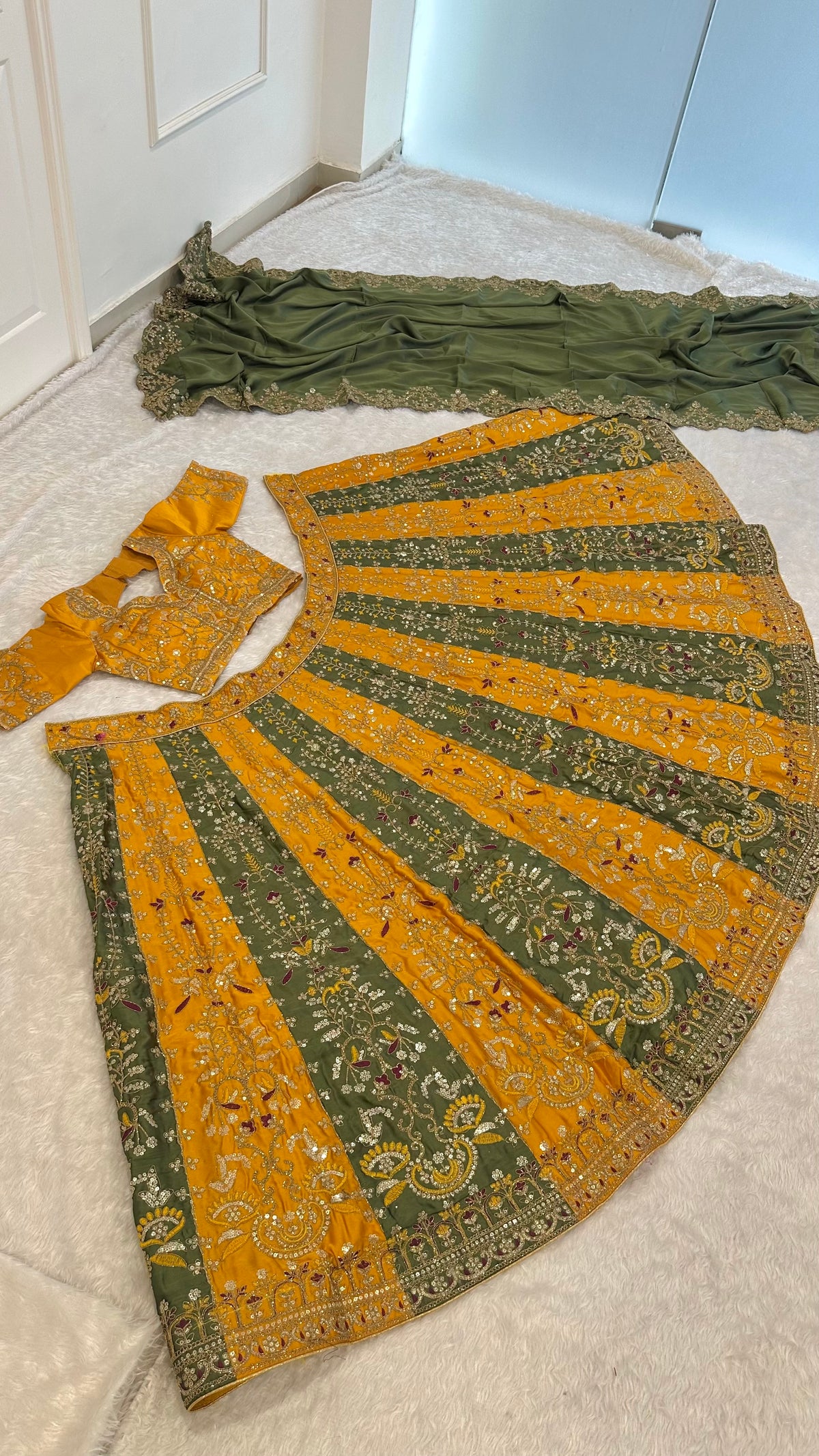 Mustard Yellow & Olive Green Sequins Wedding Lehenga Choli