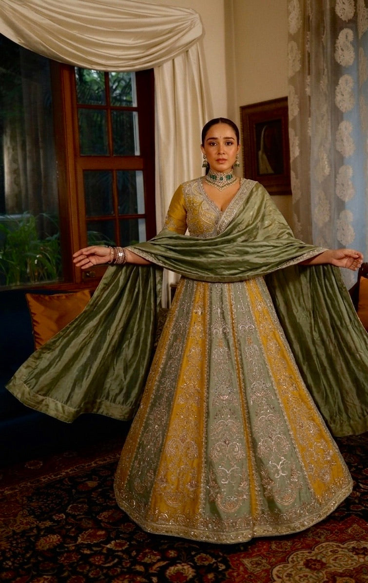 Mustard Yellow & Olive Green Sequins Wedding Lehenga Choli