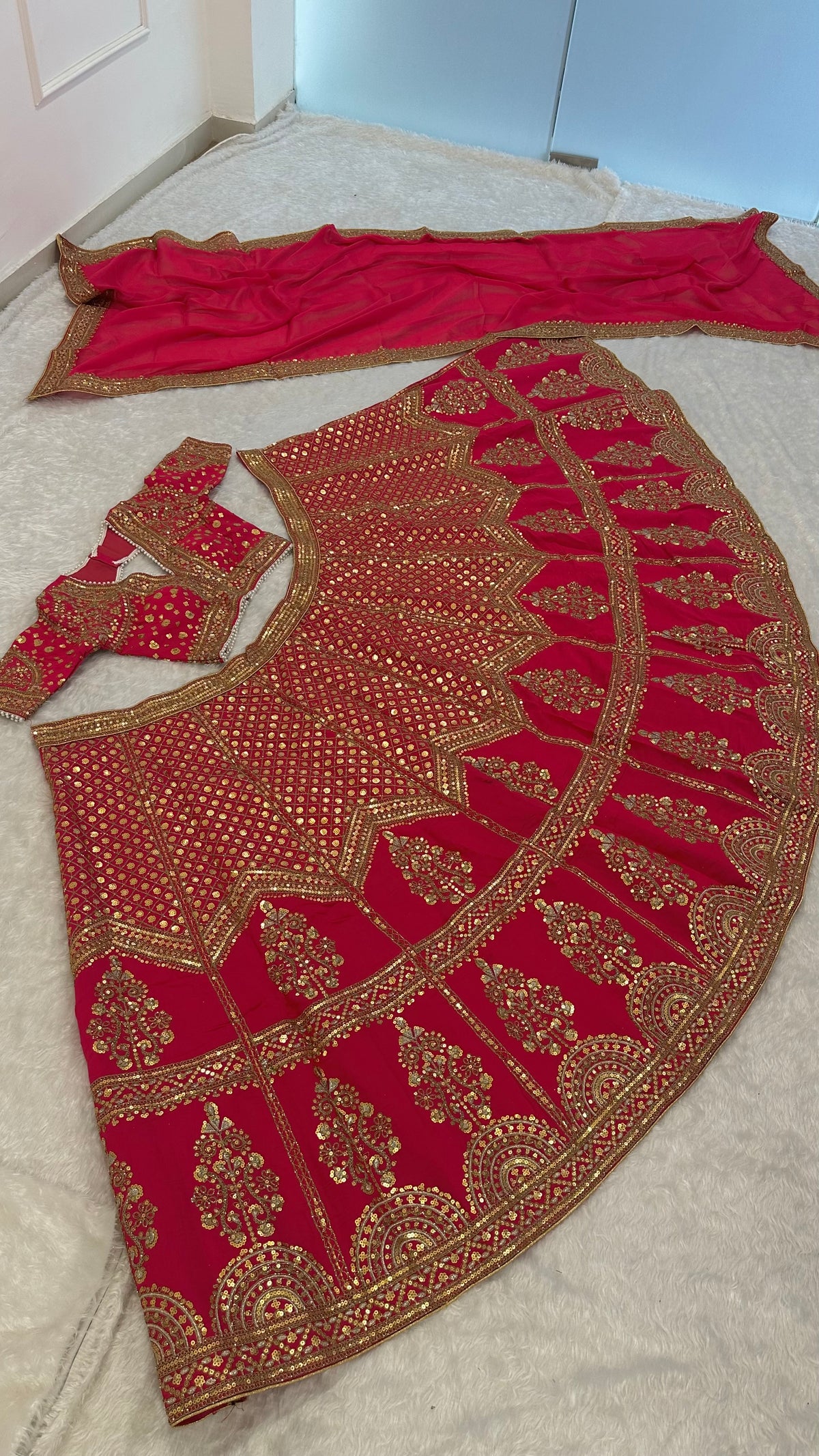 Ruby Red Embroidered Sequins Wedding Lehenga Choli