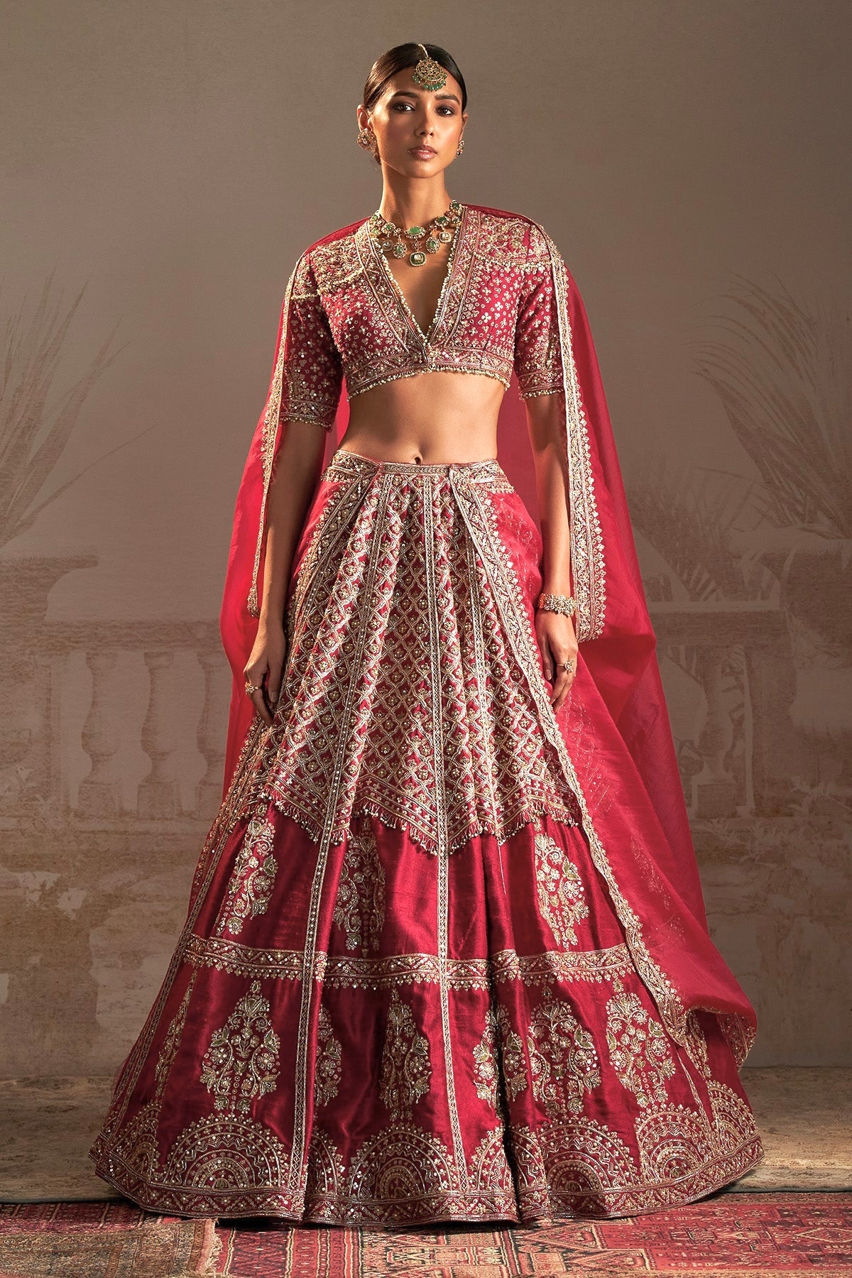 Ruby Red Embroidered Sequins Wedding Lehenga Choli