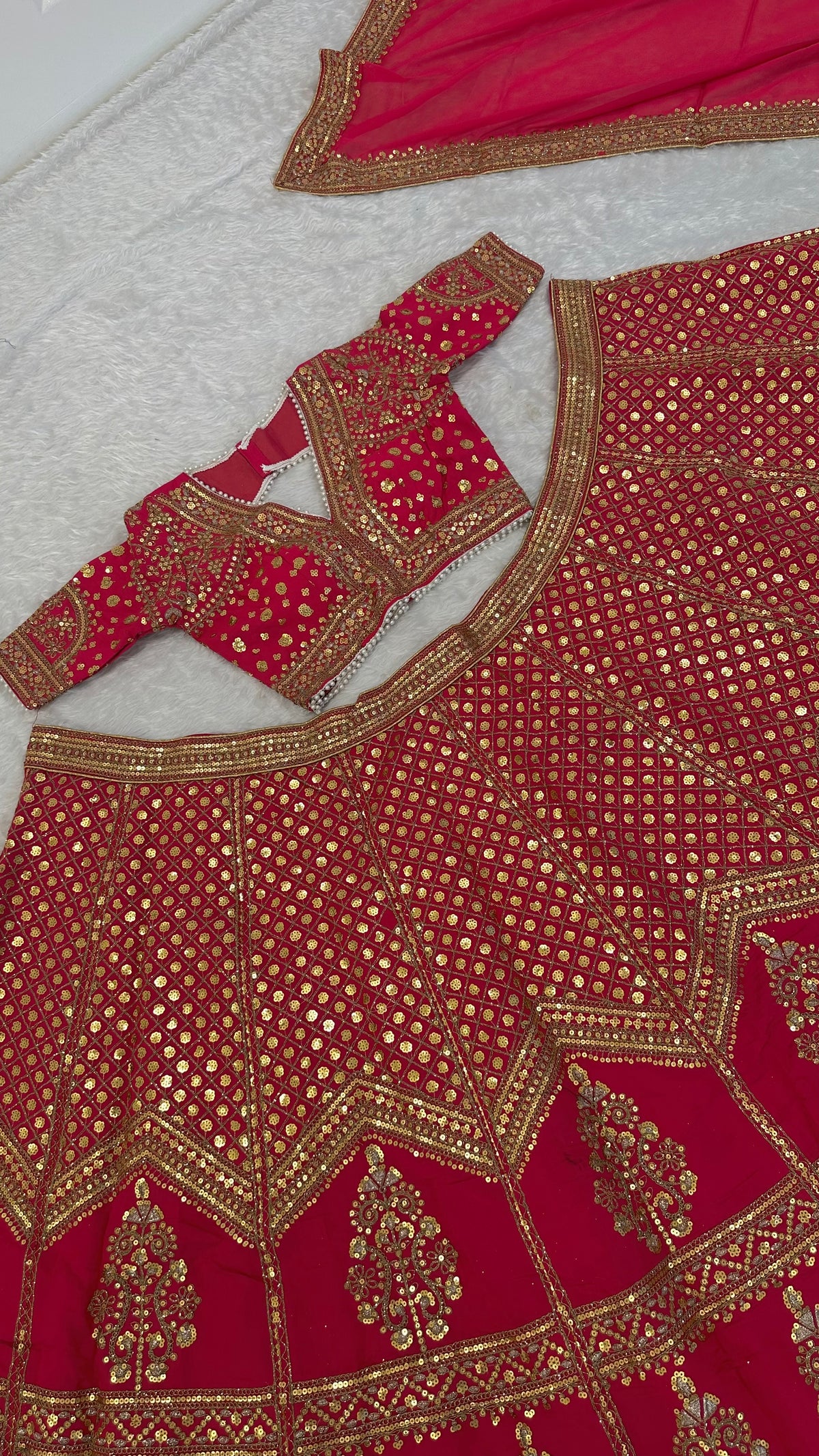Ruby Red Embroidered Sequins Wedding Lehenga Choli