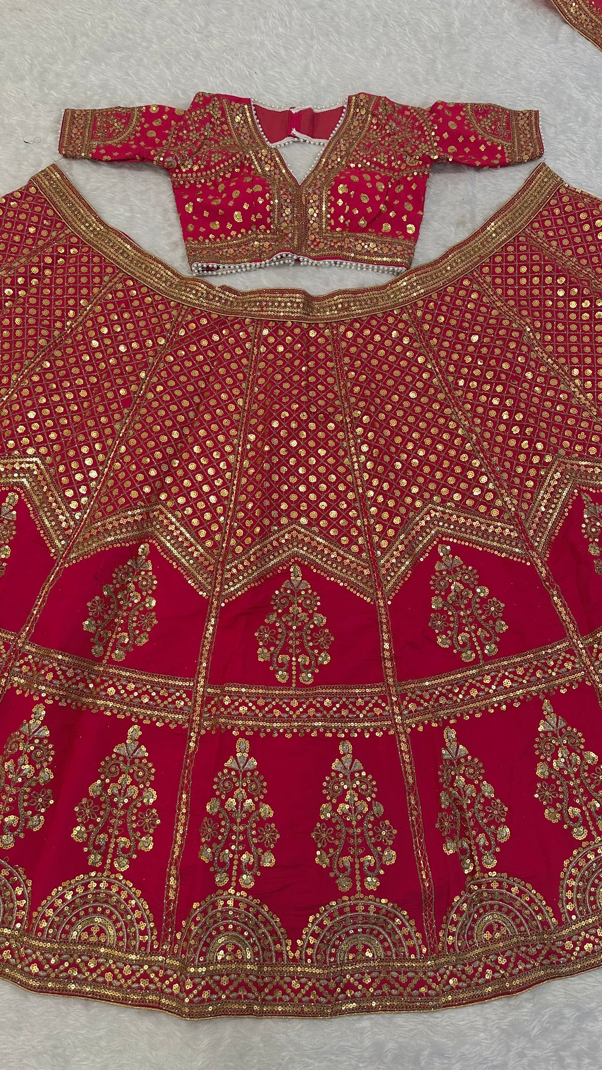 Ruby Red Embroidered Sequins Wedding Lehenga Choli