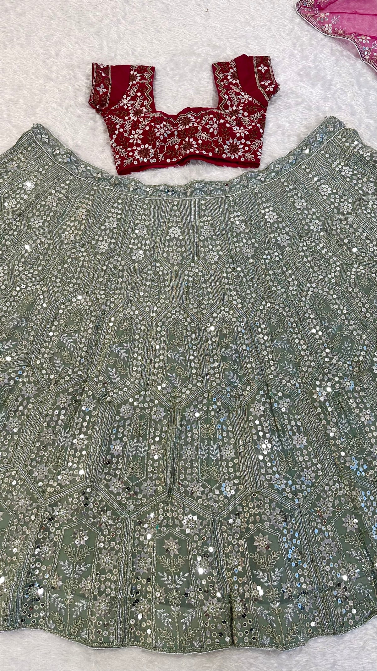 Pista Green & Rani Pink Sequin Wedding Lehenga Choli