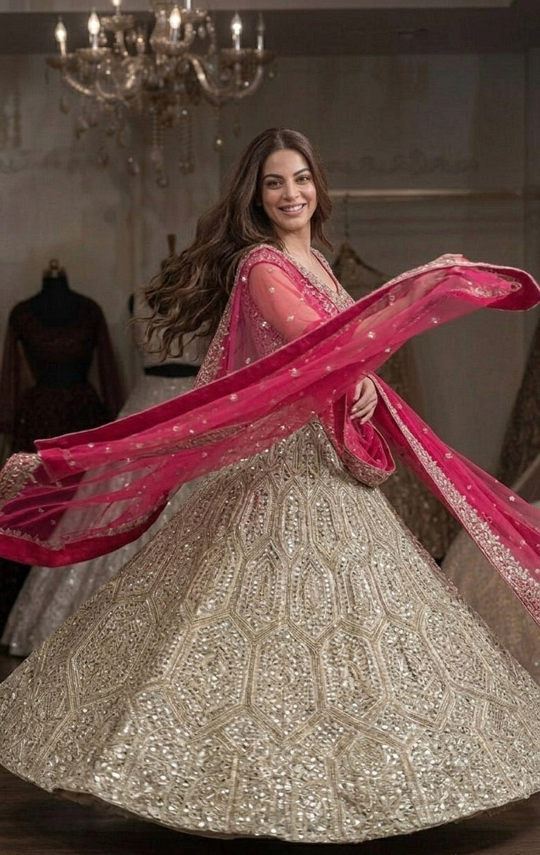 Pista Green & Rani Pink Sequin Wedding Lehenga Choli