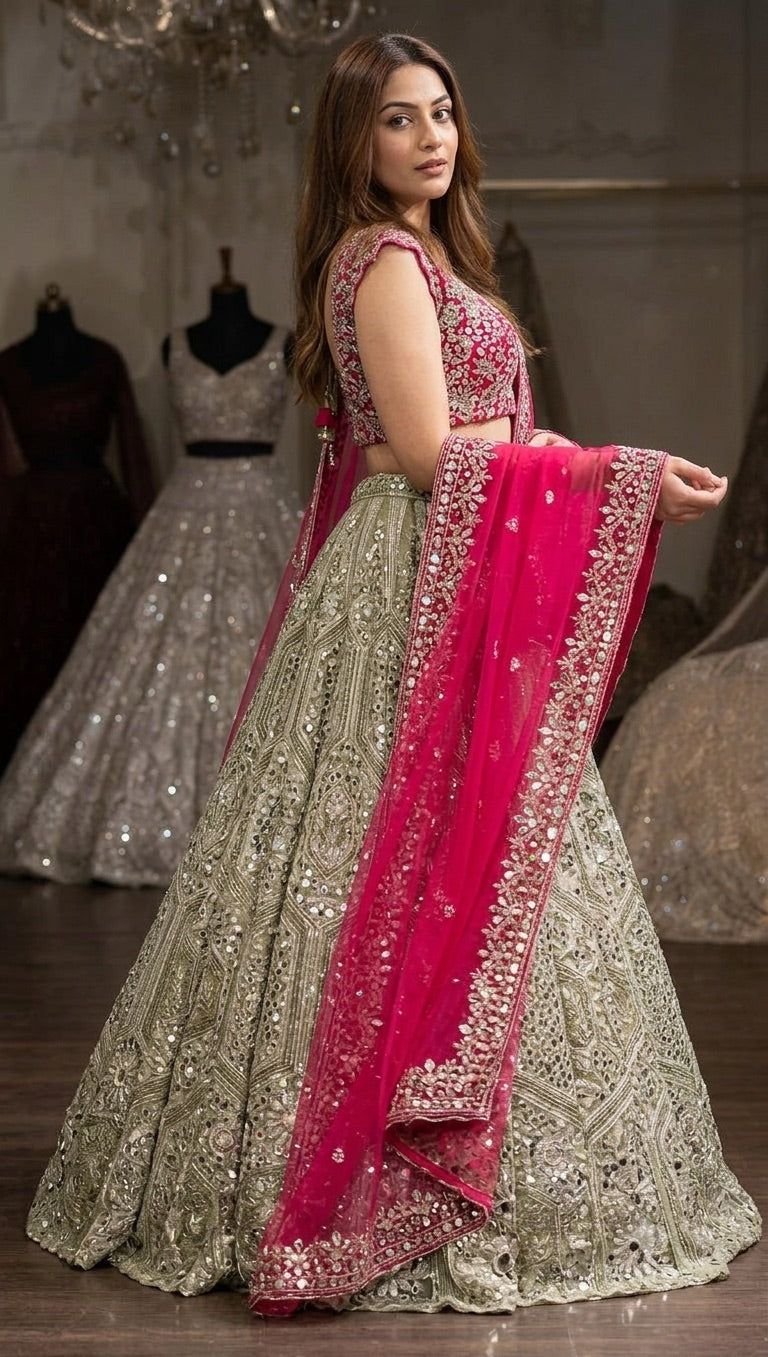 Pista Green & Rani Pink Sequin Wedding Lehenga Choli
