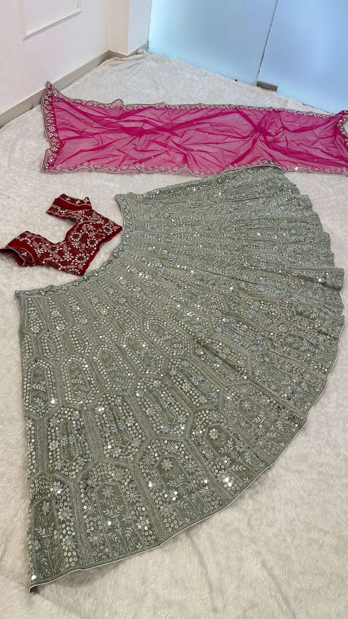 Pista Green & Rani Pink Sequin Wedding Lehenga Choli