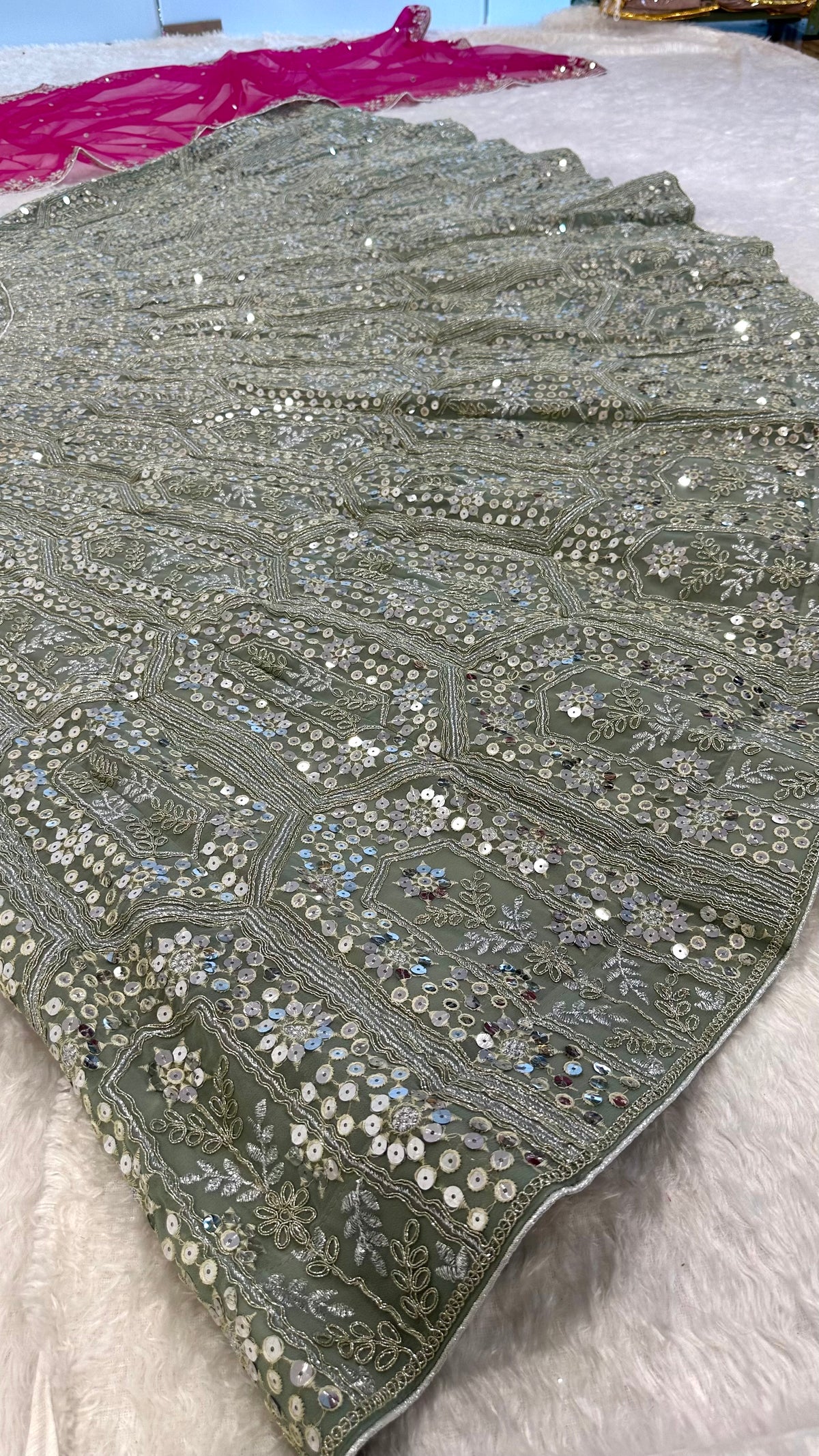 Pista Green & Rani Pink Sequin Wedding Lehenga Choli