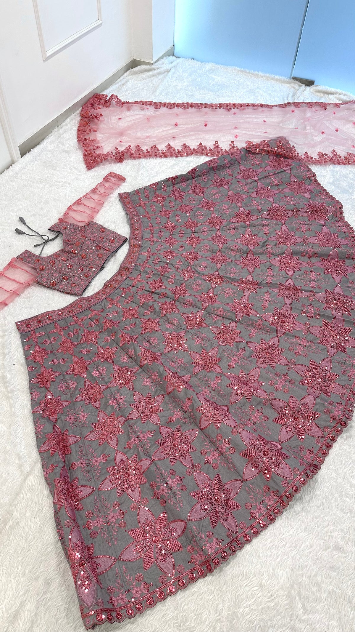 Grey & Dusty Rose Pink Sequin Embroidered Lehenga Choli