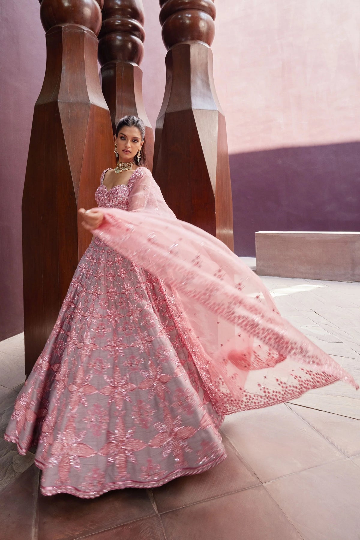 Grey & Dusty Rose Pink Sequin Embroidered Lehenga Choli