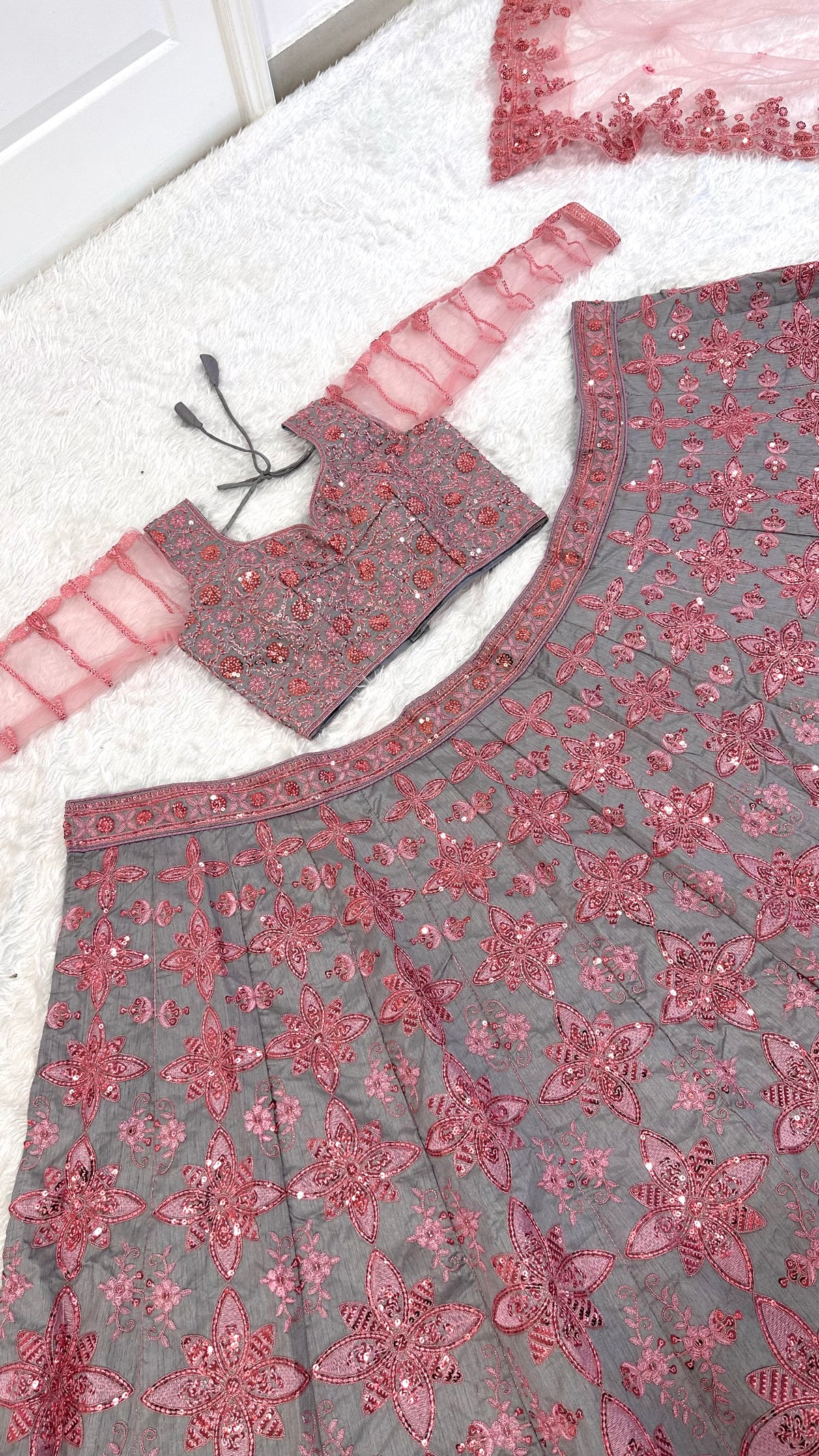 Grey & Dusty Rose Pink Sequin Embroidered Lehenga Choli