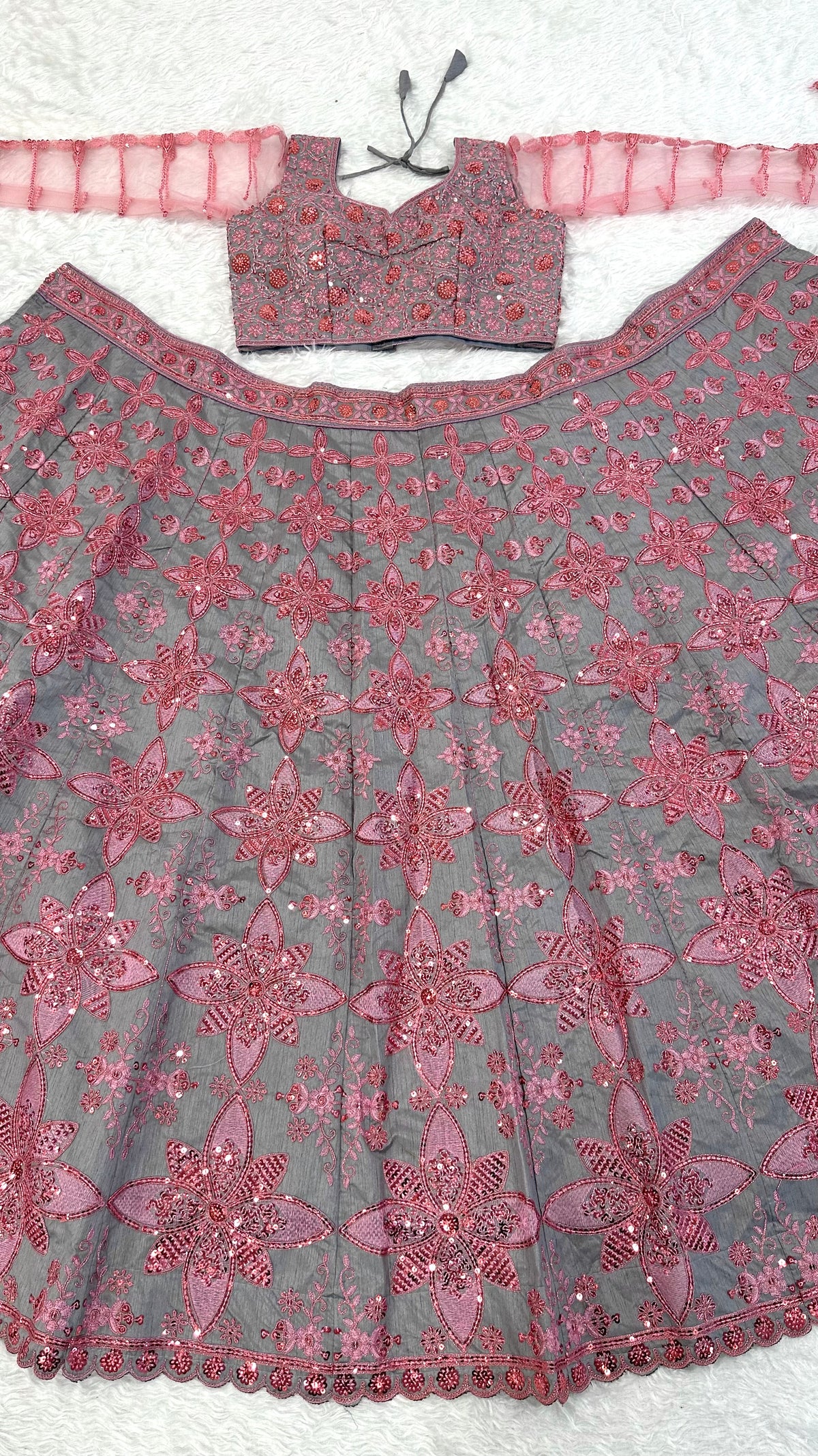 Grey & Dusty Rose Pink Sequin Embroidered Lehenga Choli