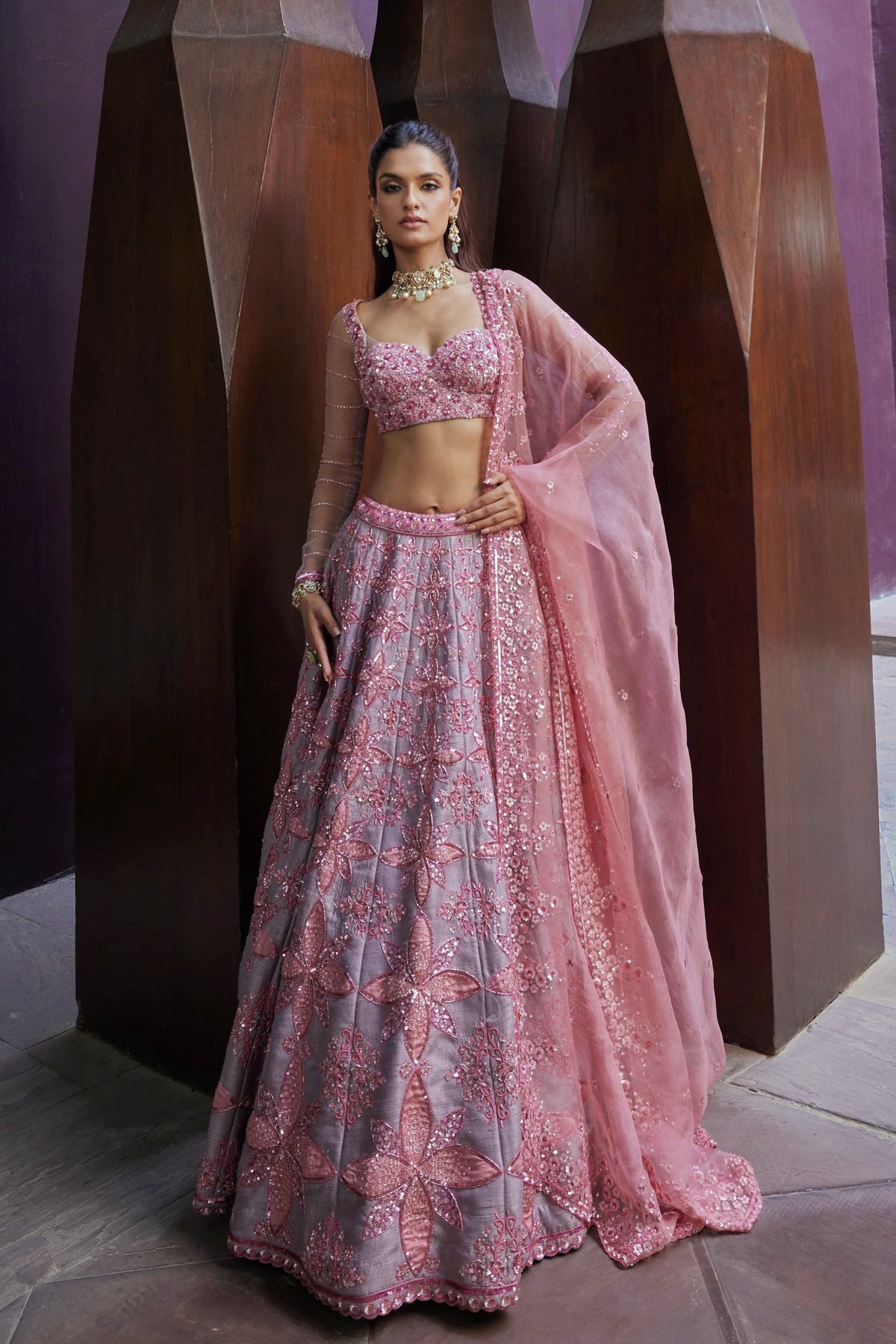 Grey & Dusty Rose Pink Sequin Embroidered Lehenga Choli