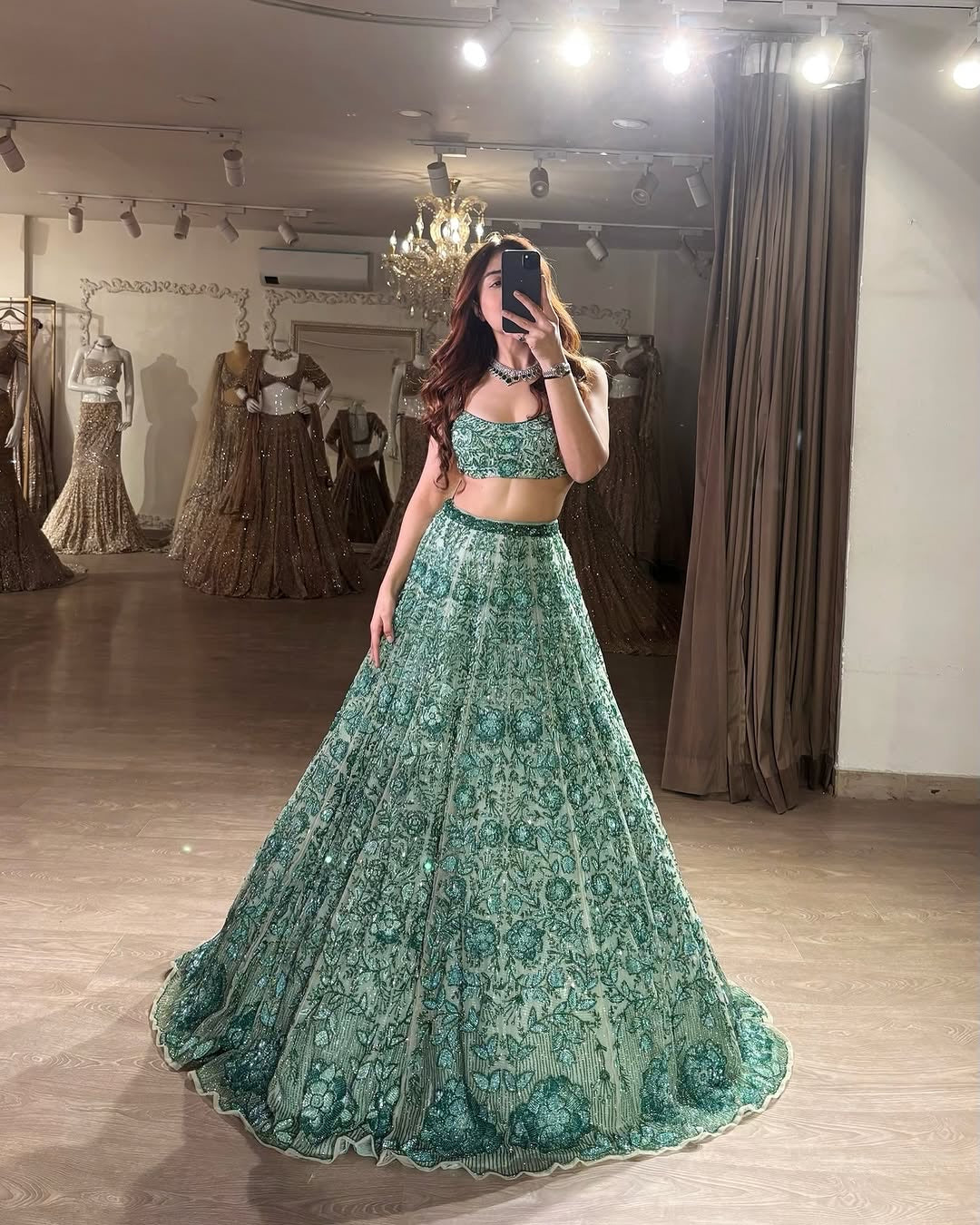 Pastel Green Embroidered Sequins Wedding Lehenga Choli