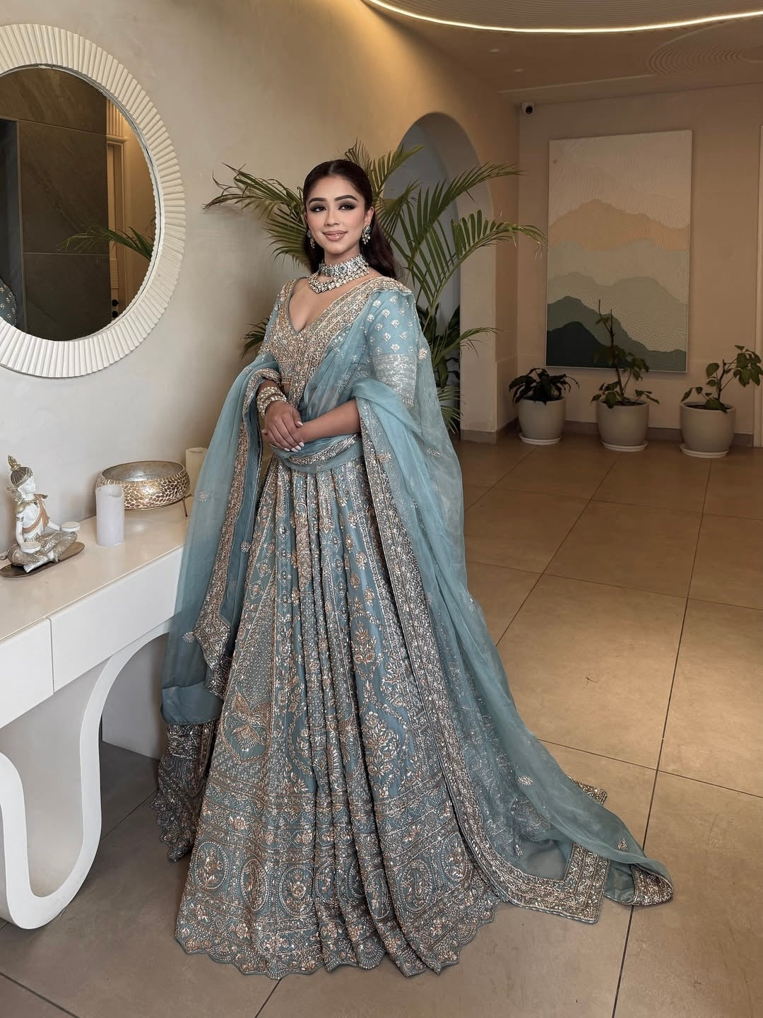Dusty Blue Sequins Wedding Designer Lehenga Choli