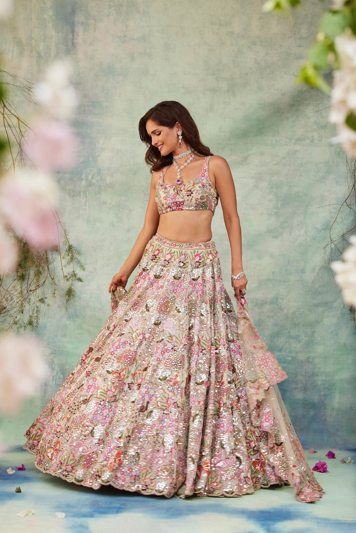 Ivory Multicolour Floral Sequin Embroidered Lehenga Choli