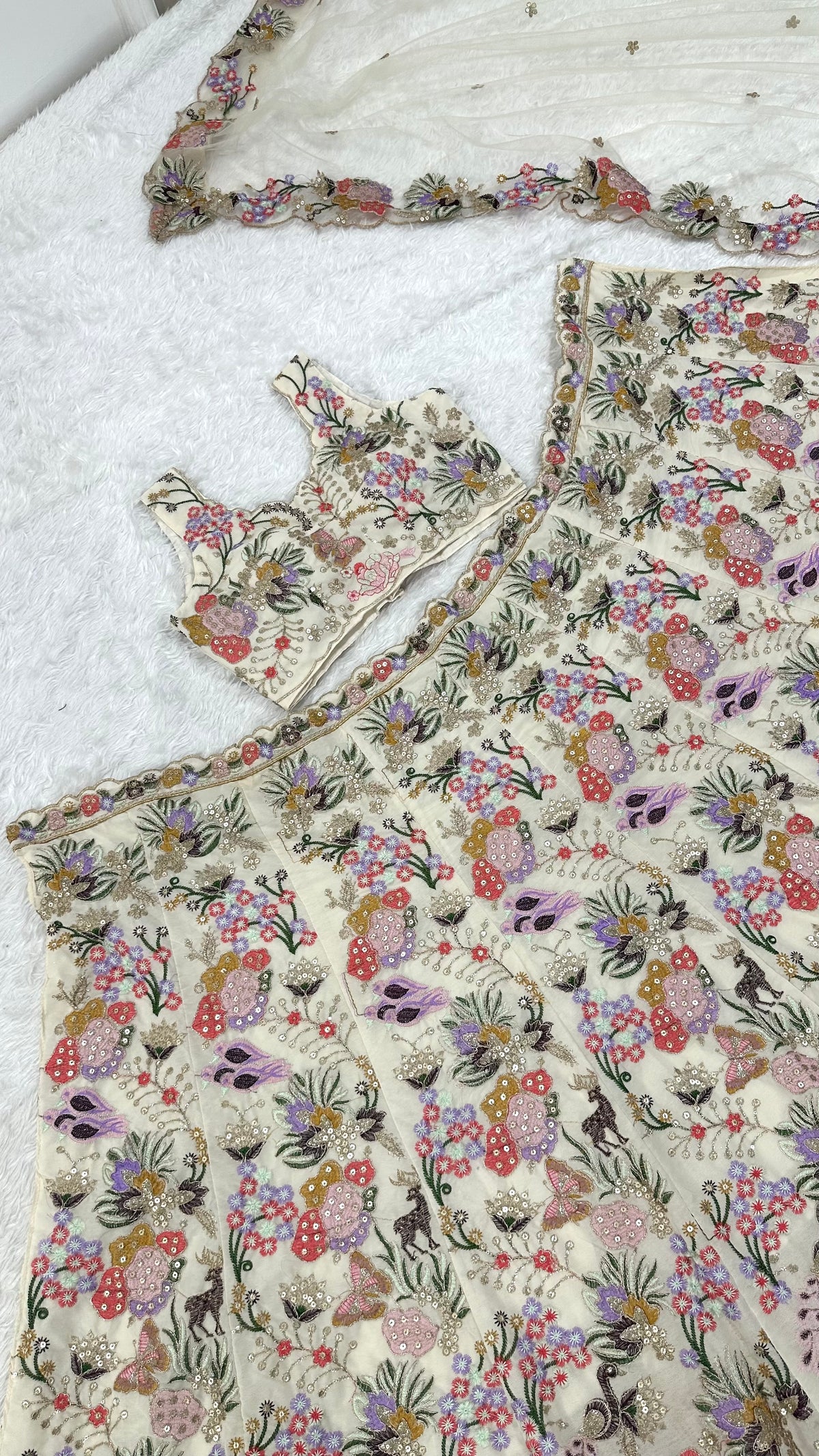 Ivory Multicolour Floral Sequin Embroidered Lehenga Choli