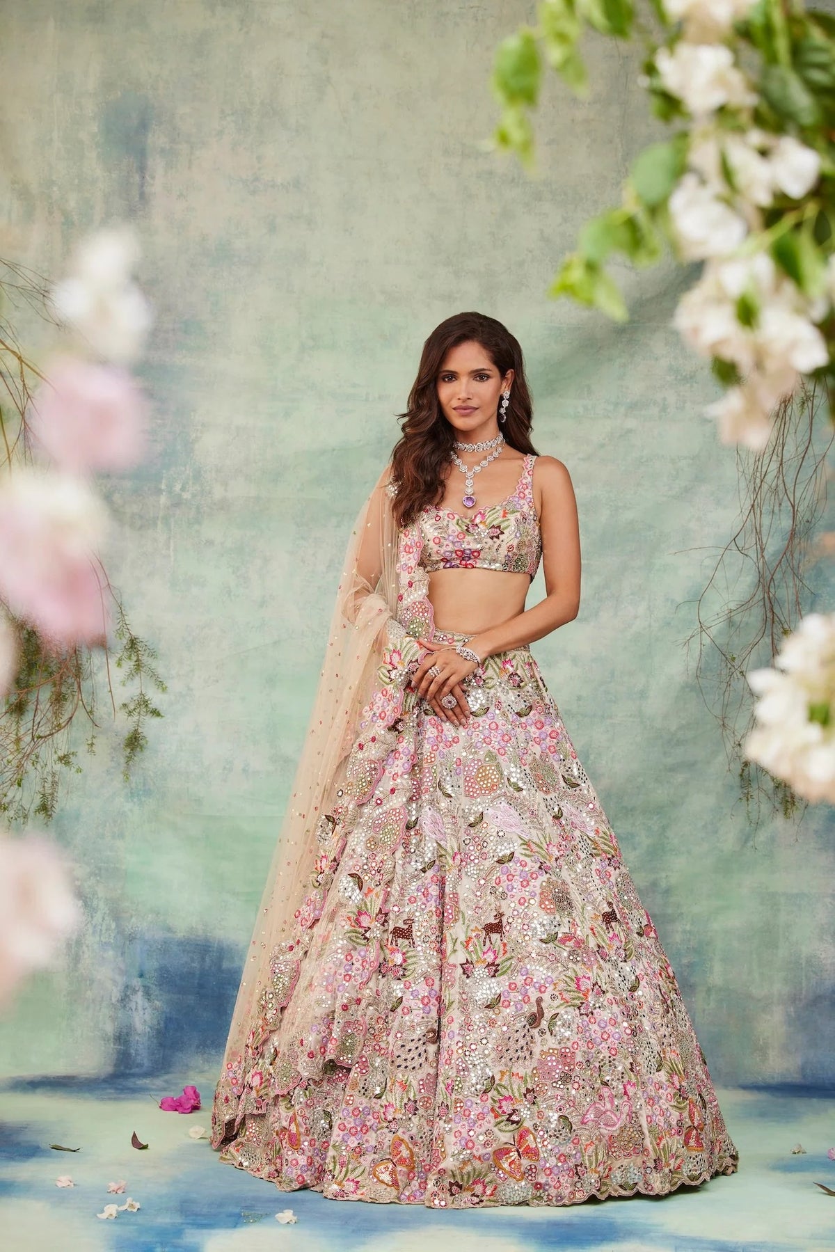 Ivory Multicolour Floral Sequin Embroidered Lehenga Choli