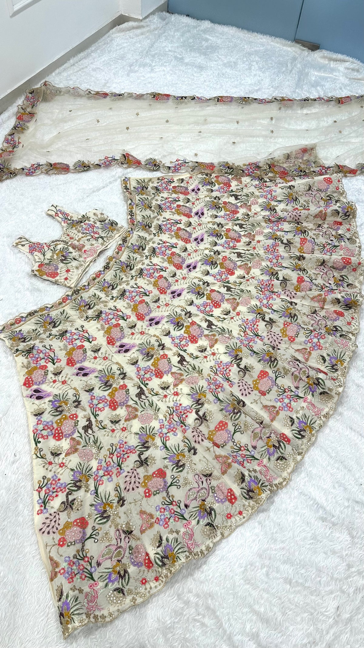 Ivory Multicolour Floral Sequin Embroidered Lehenga Choli