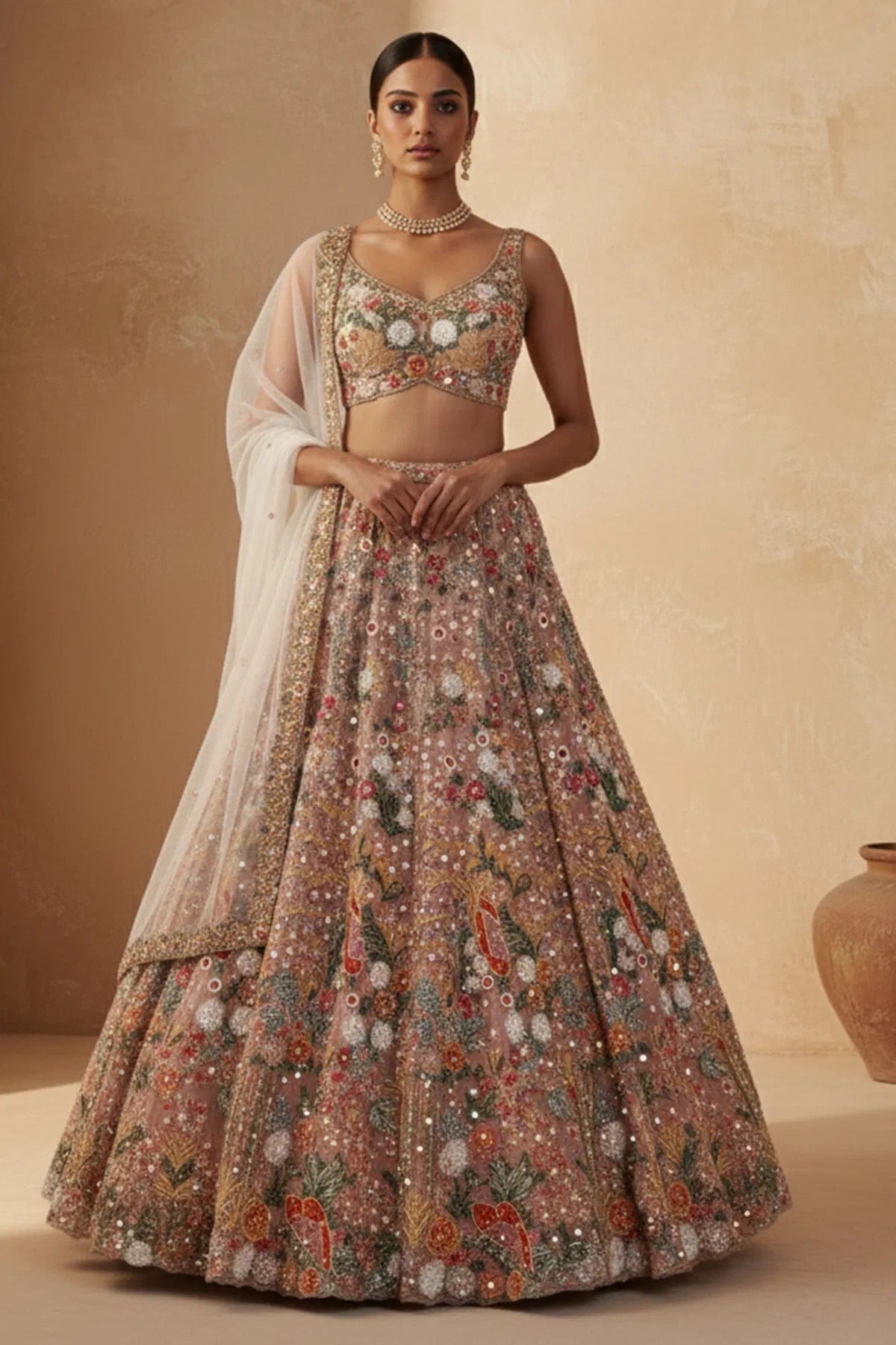 Dusty Rose Floral Embroidered Wedding Lehenga Choli