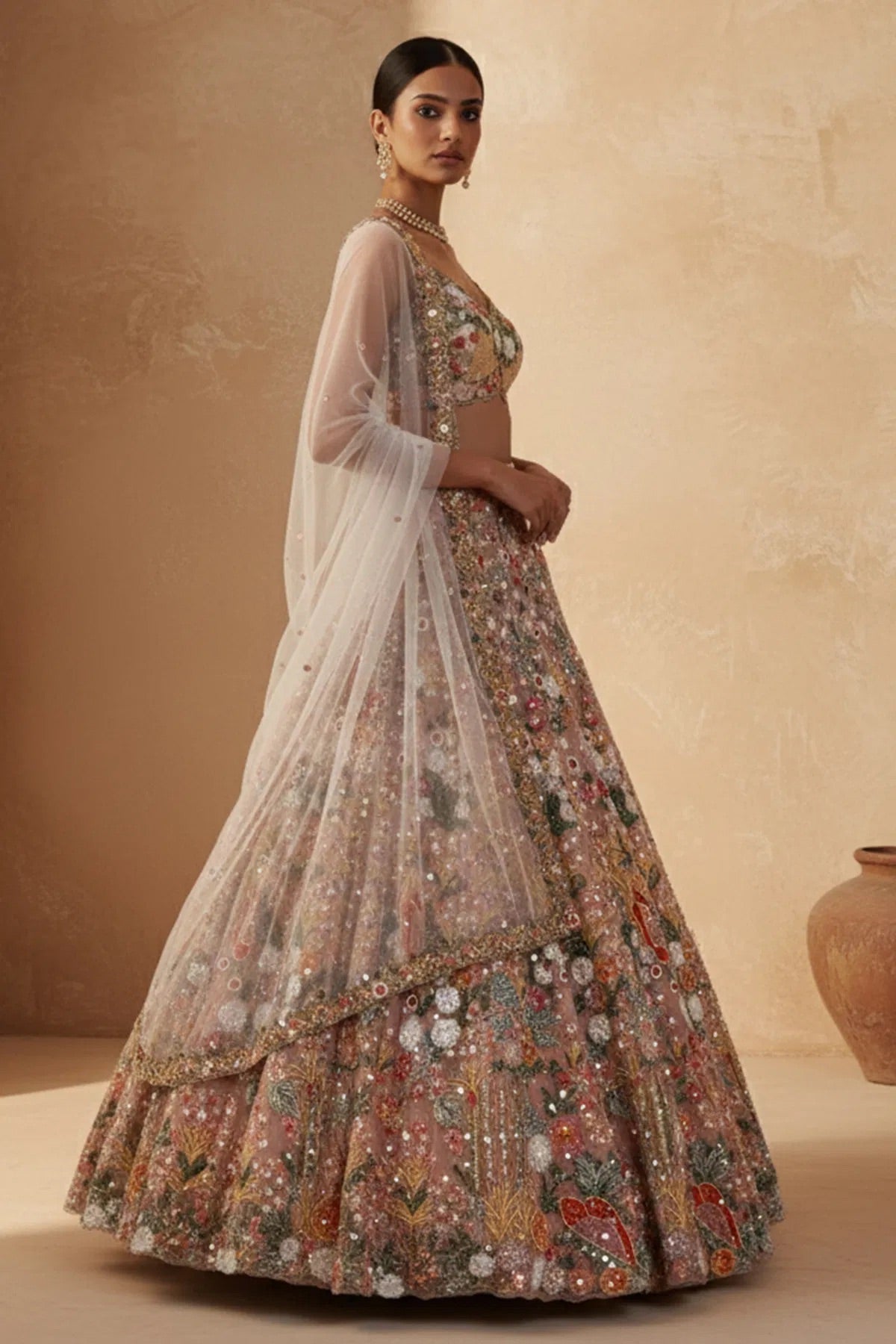 Dusty Rose Floral Embroidered Wedding Lehenga Choli