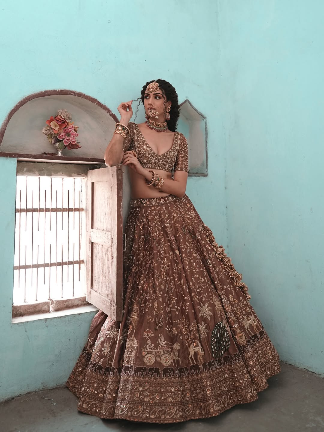 Dusty Rose Brown Bridal Embroidered Sequins Lehenga Choli